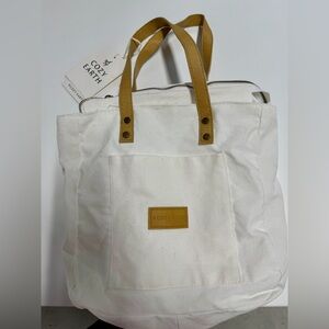 Cozy Earth White Canvas Tote with Tan Leather Handles-NEW